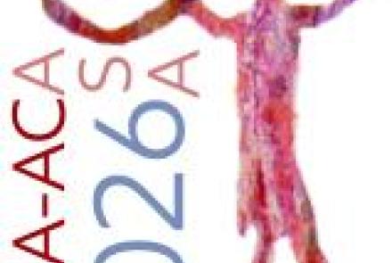 Conference logo, human holding a round object, rock art style